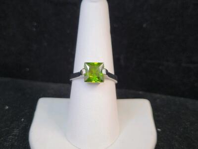 Green Peridot Faceted Square Cut Ring, Size 8