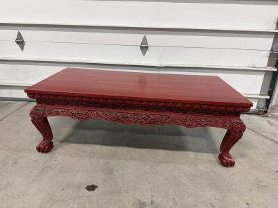 Hand-Carved Asian-Style Coffee Table, Red Lacquer, Dragon Claw Feet, Ornate Floral Carving