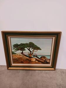 Framed Landscape Painting &ndash; Bent Tree by Coast, Oil or Acrylic, Signature &ldquo;S J D&rdquo;, 30x24 in. Sp-5
