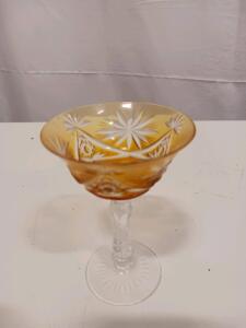 Bohemian Amber Cut-to-Clear Crystal Wine Glass with Starburst and Floral Motif