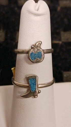 Sterling Silver Turquoise Inlay Rings &ndash; Cowboy Boot & Apple Design, Set of 2