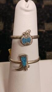 Sterling Silver Turquoise Inlay Rings &ndash; Cowboy Boot & Apple Design, Set of 2