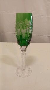 Bohemian Green Cut-to-Clear Crystal Wine Glass, 8.25" Tall, Grape Motif