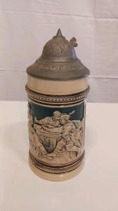 German Stoneware Beer Stein, Pewter Lid, Tavern Scene, 0.5L, Relief Design, Marked '0744', c.1900s