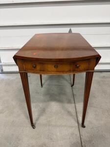 Vintage Mahogany Pembroke Drop-Leaf Side Table with Drawer, Fluted Legs, Metal Casters