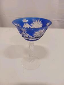 Blue Cut to Clear Crystal Wine Glass, Starburst Pattern, Faceted Stem, 6-7 Inch Height