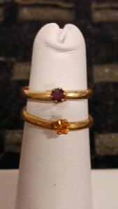 Minimalist Gold Rings Pair, Round Red & Yellow Gemstones, Prong Setting, Size & Purity Unknown