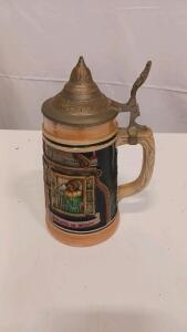 German Beer Stein 0.5L Rothenburg Relief, Pewter Lid, German Folk Scene, Ornate Handle