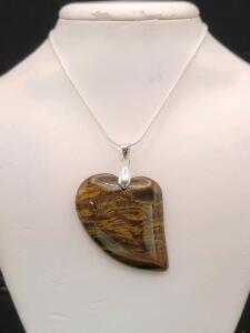 77.50ct Natural Brown Tiger Eye Jasper Gemstone Heart Pendant 24" Necklace