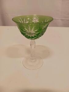 Green Cut-to-Clear Crystal Cocktail Glass, Floral Starburst Pattern, Bohemian/Czech Style, Hand-Cut
