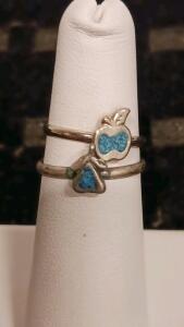 Stackable Silver Rings with Blue Enamel Apple & Pear Motif, Fruit-Themed Jewelry Set