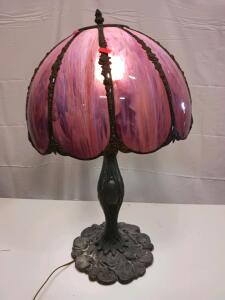 Pink Slag Glass Table Lamp with Ornate Cast Metal Base, Art Nouveau Style, 24" Tall