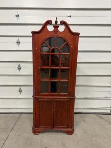 Colonial Style Corner China Cabinet, Solid Wood, Glass Door, Scroll Pediment, 72&rdquo; Tall