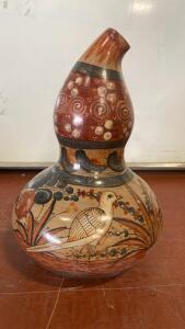 Hand-Painted Tonal&aacute; Ceramic Vase with Floral and Bird Motifs, 10" Tall