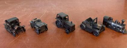 Set of 5 Vintage Die-Cast Vehicle Pencil Sharpeners &ndash; Cars, Tractor, Train