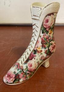 Formalities by Baum Bros Porcelain Victorian Boot Vase with Floral Design and Gold Trim