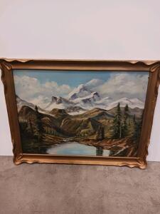 Framed Oil Painting Landscape &ndash; Mountain Lake Scene, Gilt Wood Frame, 24"x30" Estimate Sp-5