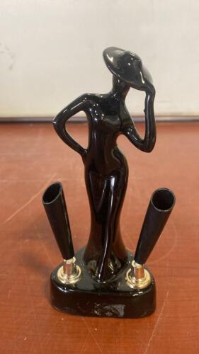 Art Deco Lady Figurine Black Ceramic Cigarette Holder Dual Slots 1940s-1960s 7&rdquo; Tall