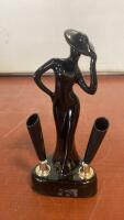 Art Deco Lady Figurine Black Ceramic Cigarette Holder Dual Slots 1940s-1960s 7&rdquo; Tall