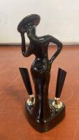 Art Deco Lady Figurine Black Ceramic Cigarette Holder Dual Slots 1940s-1960s 7&rdquo; Tall - 2