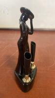 Art Deco Lady Figurine Black Ceramic Cigarette Holder Dual Slots 1940s-1960s 7&rdquo; Tall - 3