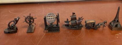 Set of 6 Vintage Cast Metal Miniature Pencil Sharpeners - Globe, Ship, Microscope, Eiffel Tower