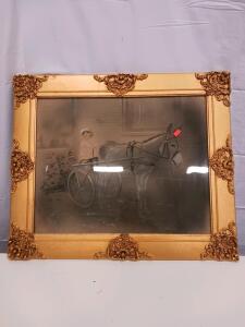 Antique Circa 1890-1920 Framed Photograph&mdash;Child with Horse Cart, Ornate Gold Gilt Frame 24"x20" Sp-5