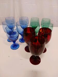 12 Multi-Colored Glass Goblets &ndash; Blue, Green, Ruby Red &ndash; 12 oz Capacity, Classic Shape, Set of 12