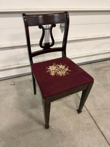 Vintage 1930s Lyre Back Side Chair with Floral Needlepoint Seat and Brass Accents