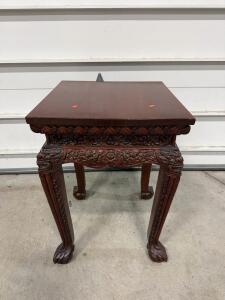 Hand-Carved Hardwood Side Table with Ornate Apron and Claw Feet