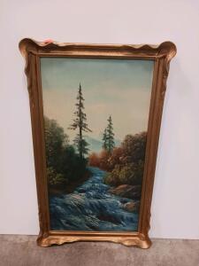 Large Signed Irwin Landscape Oil Painting, Mountain River Scene with Ornate Gold Frame, 36"x22" Sp-5