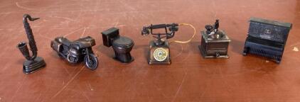 Vintage Metal Novelty Pencil Sharpener Set &ndash; Saxophone, Motorcycle, Toilet, Telephone, Coffee Grinder, Piano