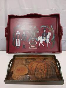 Hand-Painted Folk Art Wood Tray & Pumpkin Still Life Tray Set With Handles, 18" & 16" Sizes