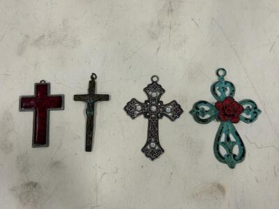 Set of 4 Decorative Metal Wall Crosses, Includes Vintage Bronze Crucifix, Glass & Pearl Accents