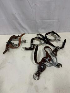 Western Horse Riding Spurs with Leather Straps, Medium Shank, 10-Point Rowels