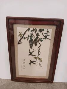 Chinese 3D Embroidered Swallows and Grapevines Art in Wood Frame, Signed, 16 x 12 in Sp-5