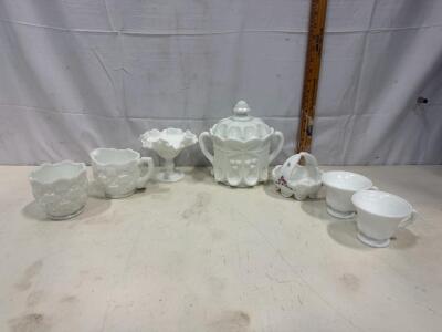 Vintage Milk Glass Tableware Set &ndash; Indiana Glass, Grape, Whitehall Cubist, 7 Pieces, USA/Japan