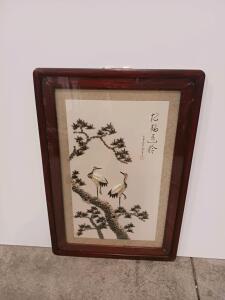 Framed Asian Embroidered Crane & Pine Tree Wall Art, Silk Mixed Media, 24"x16", Wood Frame Sp-5