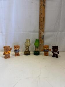 Set of 4 Mars M&M&rsquo;s & Snickers Promo Plush Bears + 2 Vintage-Style Miniature Colored Glass Oil Lamps