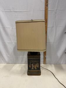 Vintage Chinoiserie Table Lamp, Hand-Painted Tole Base, Rectangular Shade, 25" Tall