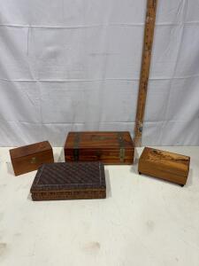 Lot of 4 Vintage Wooden Keepsake Boxes &ndash; Variety of Styles, Carved and Brass Accents