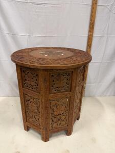 Hand-Carved Wood Side Table, 18"x20", Inlay Top, Folding Panels, Floral Design Accent Table