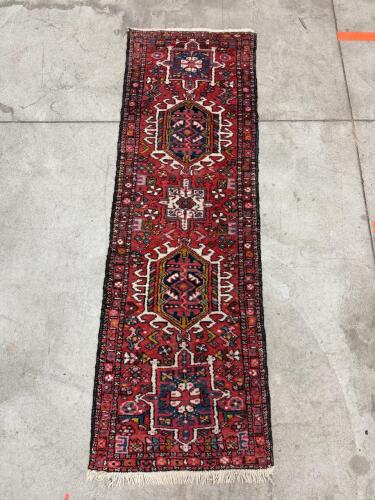 Handwoven Persian Runner Rug, 10 ft x 3 ft, Wool Pile, Geometric Medallion Design