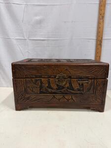 Vintage Hand-Carved Wooden Jewelry Box with Brass Latch and Scenic Motifs