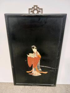 Chinese Black Lacquer Wall Panel with Raised Geisha Figure & Ornate Metal Hanger, 18"x12" Sp-5