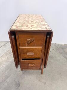 Vintage 1950s Drop-Leaf Wooden Sewing Table, 3 Drawers, Patterned Laminate Top, Brown Finish
