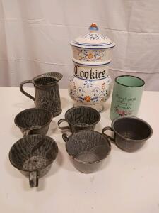 Mixed Kitchenware Lot: Vintage Cookie Jar, Inspirational Tumbler, 5 Grey Enamel Mugs & Pitcher