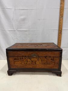 Vintage Hand-Carved Camphor Wood Jewelry Box with Brass Hardware and Red Velvet Interior