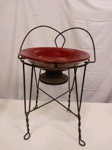 Vintage Metal Plant Stand with Red Enamel Bowl, Twisted Wrought Iron, 16" Bowl, 30" Height