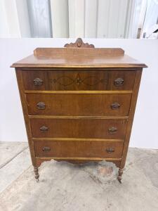 Antique 4-Drawer Wooden Chest with Decorative Inlay and Spindle Legs
